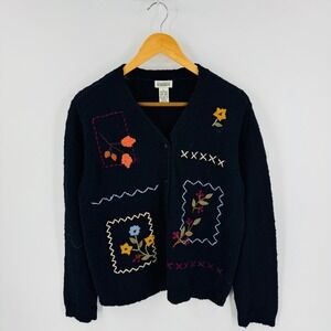 Classic Elements Black Petite Embroidered Patchwork Cardigan Sweater L 14-16